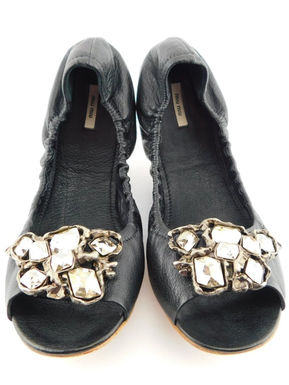MIU MIU by Prada Black Leather Crystal Cluster Peep Toe Ballet Flats 40